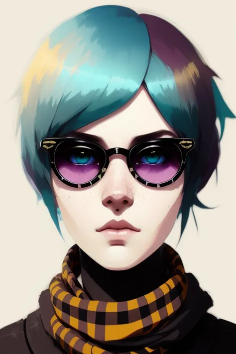 highly detailed portrait of a sewer emo punk woman student, blue eyes, sunglasses, tartan scarf, white hair by atey ghailan, by greg rutkowski, by greg tocchini, by james gilleard, by joe fenton, by kaethe butcher, gradient yellow, black, brown and magenta color scheme, grunge aesthetic!!! graffiti tag wall background