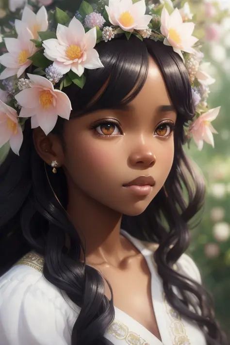 Closeup face portrait of a black girl wearing crown of flowers, smooth soft skin, big dreamy eyes, beautiful intricate colored hair, symmetrical, anime wide eyes, soft lighting, detailed face, by makoto shinkai, stanley artgerm lau, wlop, rossdraws, concept art, digital painting, looking into camera