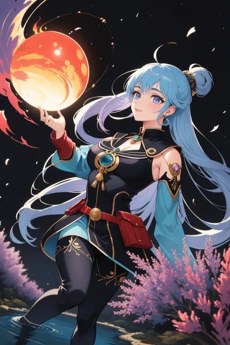 a woman with long blue hair holding a ball in her hand