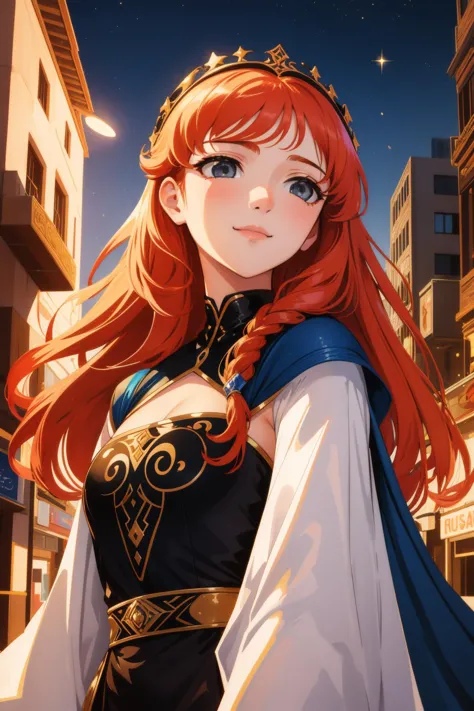 a woman with red hair and a cape is standing in the middle of a city