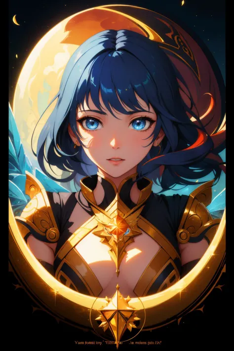 a woman with blue hair and a gold dress is holding a sword