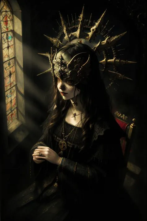 a close up oil painting of a queen on a throne wearing a halo mask, by style-gothic-horror, (high detailed skin:1.2), detailed f...