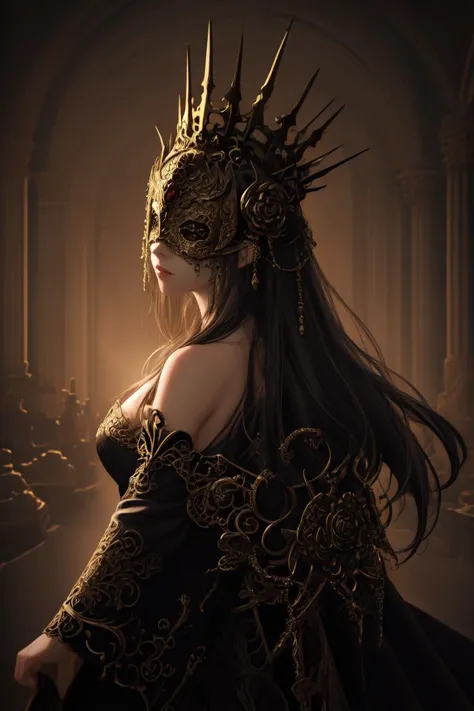 breathtaking 1girl,  wide shot, trending on artstation, pixiv, digital art, anime masterpiece, dynamic lighting, beautiful aesthetic, 4k, award winning, hd,  detailed backgound, mask, blind mask, crown mask,, masterpiece, award-winning, professional, highly detailed