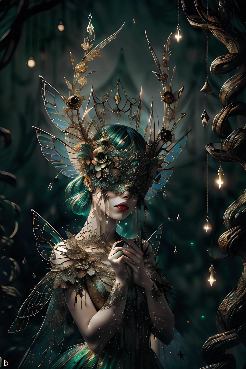 masterpiece, 1fairy, a flying female fairy, perfect face, light, glass tree forest, dramatic lighing,  blindfold, ultra detailed, floating glow lights, depth of field, (shining dust)