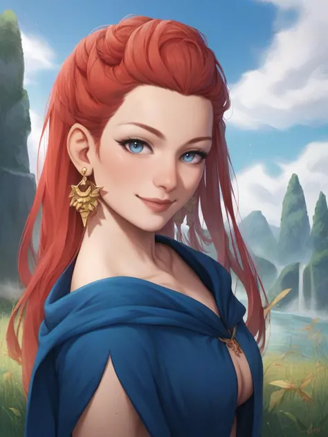 1girl,female,solo,portrait,female focus,barefoot,
red hair,blue eyes,long hair,light skin,smile,
looking at viewer,outdoors,
beautiful,blue cloak,gold inlay,earrings,
BREAK
score_9,score_8_up,score_7_up,score_6_up,score_5_up,score_4_up,source_cartoon,rating_safe,<lora:tbh-pony-real-gen3:1>