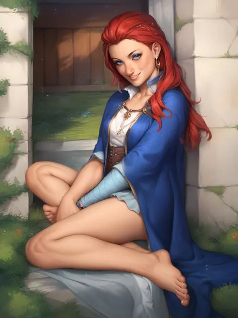 a woman with red hair sitting on a ledge in a blue cloak