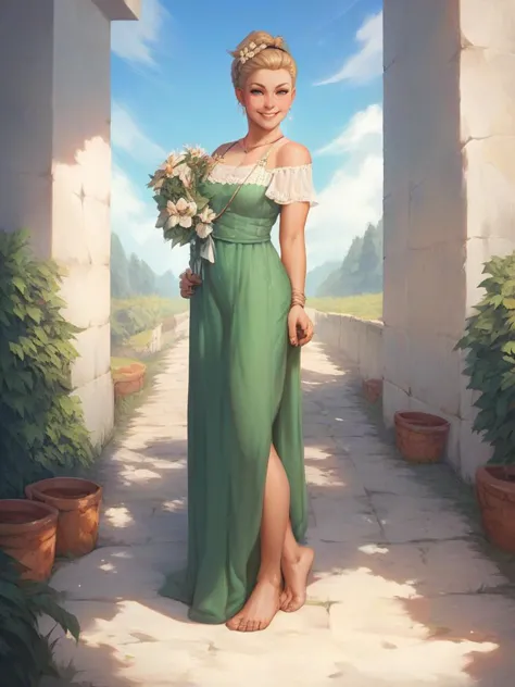 a painting of a woman in a green dress standing in a doorway