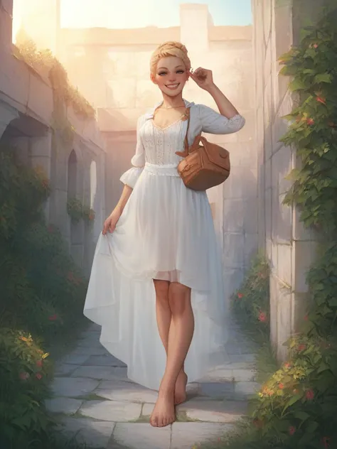 a painting of a woman in a white dress walking down a path