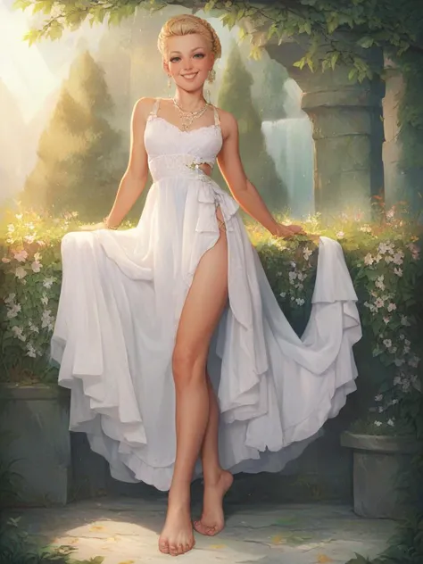 a painting of a woman in a white dress standing in a garden