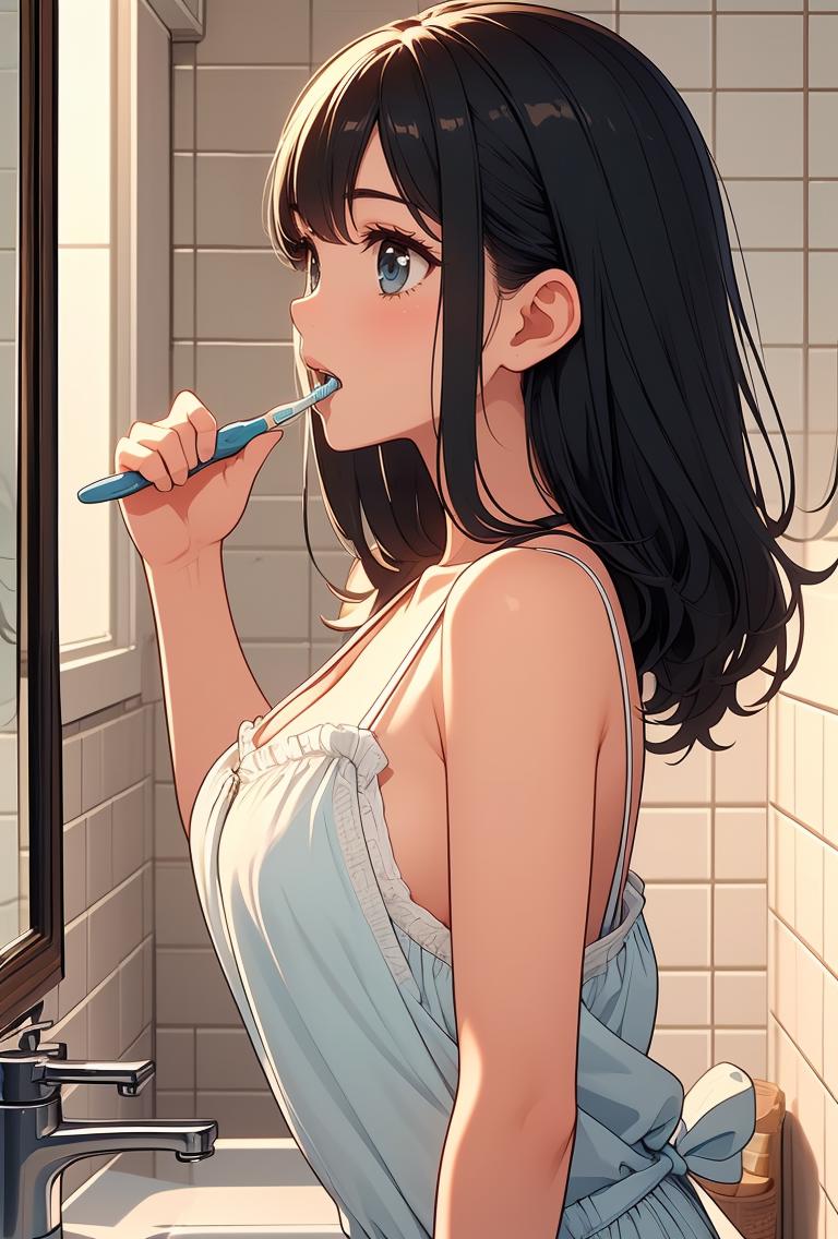 Anime girl brushing her teeth in front of a mirror - SeaArt AI