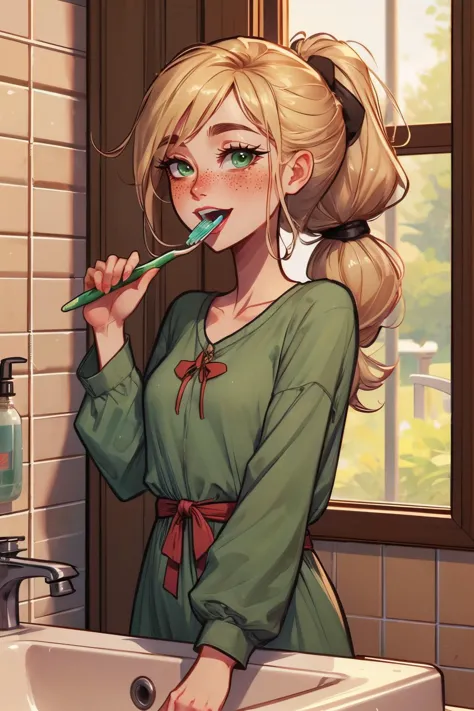 brushing teeth, reflection, mirror, holding a toothbrush, sink, tile wall, bathroom, high quality, masterpiece, <lora:girllikebrushteeth:.8>
 mlpapplejack, green eyes, freckles, blonde ponytail, green pajamas, long sleeves,happy, mouth open, blush, <lora:mlp_applejack:.8>