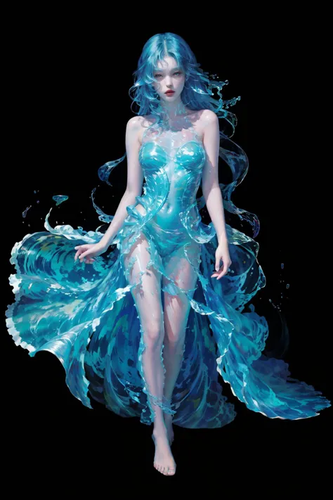 a woman in a blue dress is walking in the water