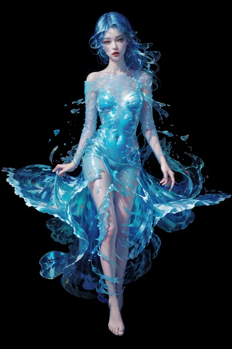 1 Mädchen,flüssige Kleidung,Kleid,Ganzkörper,Flüssiges Haar,fotorealistisch,Hintergrund,offizielle Kunst,Durchschauen,Transparente Kleidung,Laufen Wasser,Wasser,Laufen,barfuß,(Meisterwerk, beste Qualität, gute Qualität, highres, ultra-detailliert),