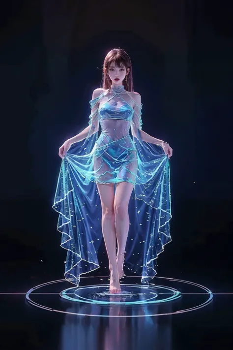 1girl,liquid clothes,dress,full body,see-through,transparent clothing,holo water,water,holo,barefoot,looking at viewer,simple background, (masterpiece, best quality, high quality, highres, ultra-detailed),