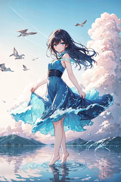 1fille, seulement, vêtements liquides,  thème bleu, pieds nus, cheveux longs bleus, yeux bleus, nuage, tout le corps, impression du ciel, Robe bleue, Sans manches, regarder le spectateur, sourire, Marcher sur l&#39;eau, Lac, ciel bleu, belle eau détaillée, Soleil, Dieu lumière, 
peinture à l&#39;encre,  Teinture à l&#39;encre, aquarelle, vue rapprochée, (les yeux se concentrent), (fantaisie), robe volante, 
 