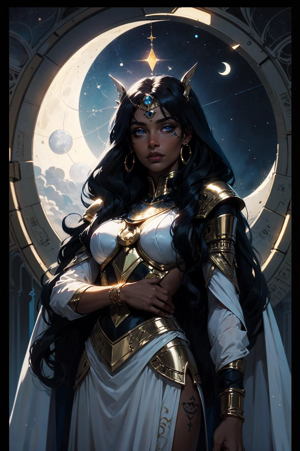 Ishtar the Goddess of the Moon casting a spell in front of stained glass, blue eyes, long black hair, silver crescent moon, beam of moonlight, dark skin, eye of horus tattoo, egyptian iconography, masterpiece illustration, white armor, ink halo, speaking, explaining, in space, starlight