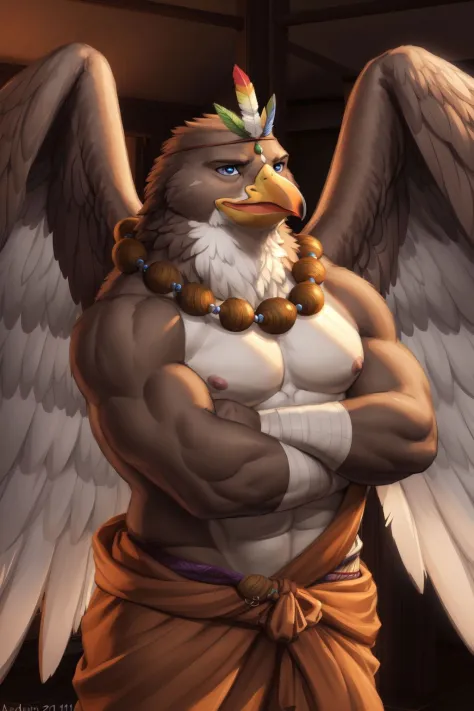 <lora:Gandharva-08:1>, Gandharva, blue eyes, muscular male, bara, mature male, beak (pose:1.3), (posing:1.3), (soft shading), 4k...