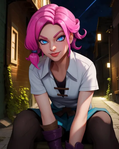 Meave,short pink hair with a hair knot,blue slit pupils,blue eyes,serious,
brown,gloves,white shirt,
smile,
sitting,
nighttime,outside,alley,dim lighting,
(insanely detailed, beautiful detailed face, masterpiece, best quality) fantasy,solo,<lora:meave:0.8>,