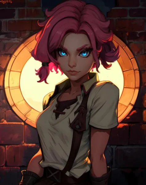 Meave.solo.short pink hair with a hair knot, slit pupils,  blue eyes, 
  serious,  
brick wall, nighttime,  outside, in a circle...