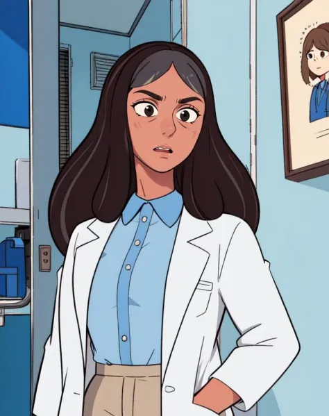 priyanka, brown hair, grey streaked hair,  black eyes, long hair,  half-open eyes, 
labcoat,  blue collared shirt, khakis, 
standing, upper body,  cowboy shot, 
hospital,  indoors, 
(insanely detailed, beautiful detailed face, masterpiece, best quality), solo,
 <lora:priyanka:0.7>