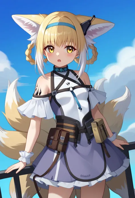 score_9,score_8_up,score_7_up,<lora:earknights_all:1>,1girl,suzuran_\(arknights\),fox_girl,solo,outdoors,cowboy_shot,standing,blush,blonde_hair,blue_hairband,braided_hair_rings,medium_hair,two-tone_hair,white_hair,small_breasts,frills,o-ring,highres,:o,belt_pouch,blue_sky,chinese_commentary,cloudy_sky,day,earpiece,fox_ears,fox_tail,infection_monitor_\(arknights\),looking_at_viewer,looking_to_the_side,material_growth,multiple_tails,open_mouth,oripathy_lesion_\(arknights\),railing,strap,utility_belt,white_shirt,wrist_cuffs,yellow_eyes,