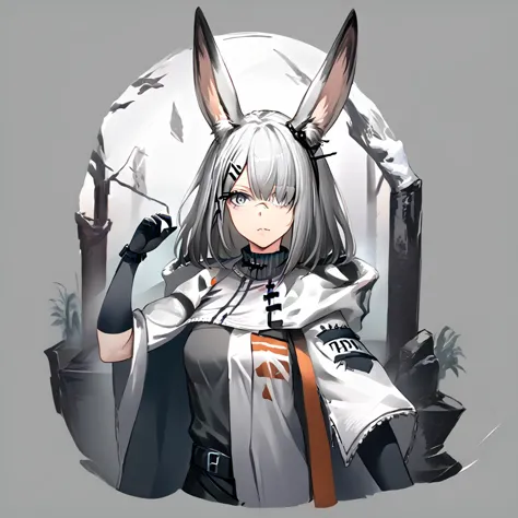 1girl, frostnova_\(arknights\), rabbit_ears, hair_over_one_eye, long_hair, hairclip, grey_eyes, grey_hair, scar_on_nose, black_gloves, white_hair, rabbit_girl, animal_ear_fluff, grey background, <lora:GachaAzurLaneXLP6lokrV4236T3:1>, <lora:arknight_all_v2:1>, <lora:artist_TK31_for_Pony:1>,