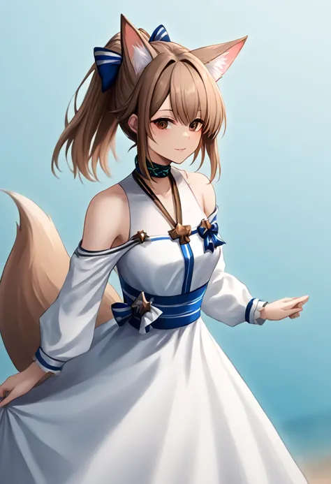 1girl, perfumer_\(arknights\), brown_hair, fox_ears, brown_eyes, ponytail, hair_bow, long_hair, blue_bow, long_sleeves, fox_girl, bare_shoulders, white_dress, <lora:arknight_all_v2:1>, <lora:artist_TK31_for_Pony:1>,