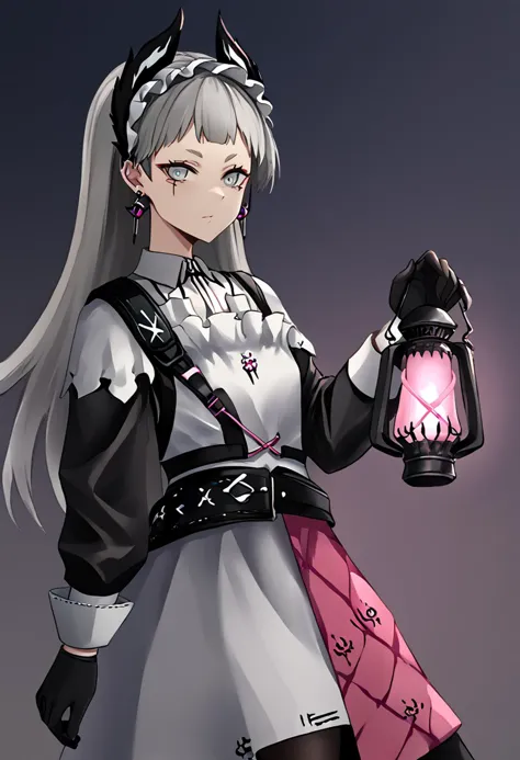 1girl, irene_\(arknights\), head_wings, grey_hair, grey_eyes, scar_across_eye, black_gloves, long_hair, earrings, long_sleeves, white_pantyhose, black_jacket, very_long_hair, white_skirt, holding_lantern, <lora:arknight_all_v2:1>, <lora:artist_TK31_for_Pony:1>,