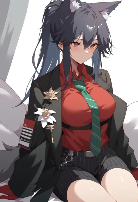 anime girl with long black hair sitting on a bed with a green tie