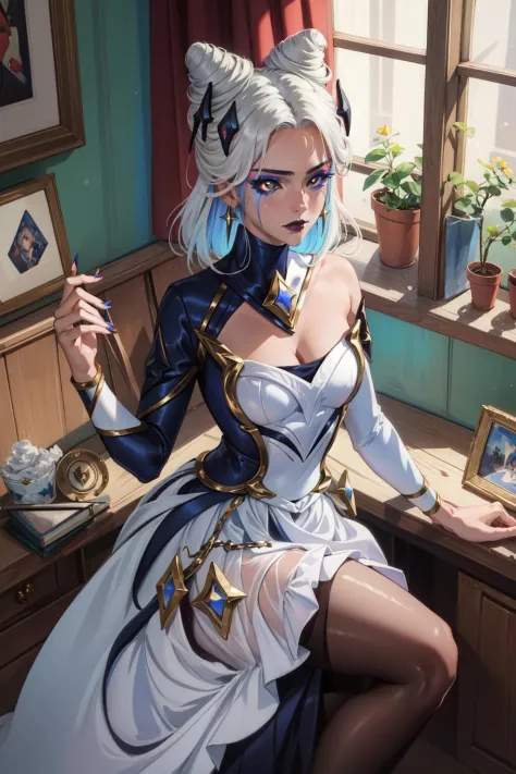 (Masterpiece:1.4), (best quality:1.2), star nemesis morgana, 1girl, dress, cone hair bun, hair ornament