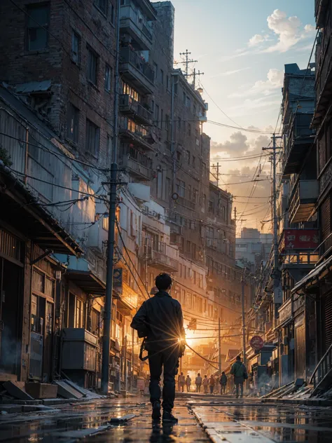 arafed image of a man walking down a street at sunset