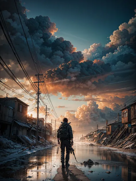 Dystopian style edge quality, perspective silhouette, 8k, best quality, masterpiece, extremely detailed, rule of thirds, photorealistic, superb, HDR, high resolution, sharp focus, photorealistic rendering, extremely detailed description, professional, gorgeous and intricate detail, . Bleak, post-apocalyptic, somber, dramatic, highly detailed