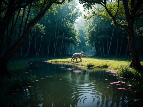 there is a horse that is walking in the water by the trees