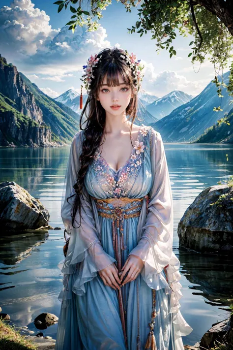 a woman in a blue dress standing next to a lake