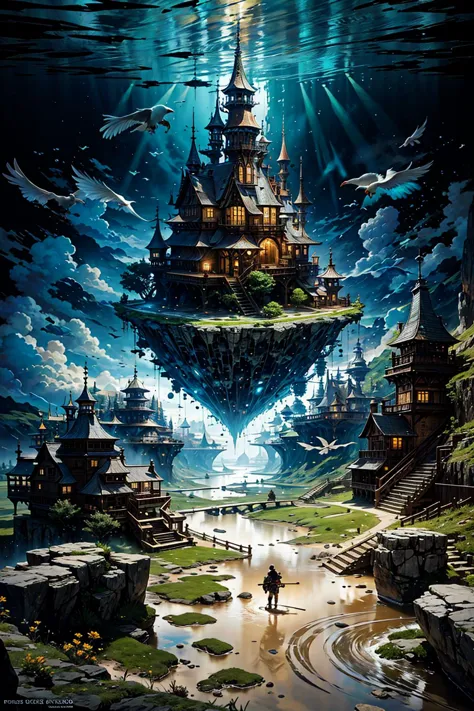 a poster of a castle floating in the sky with a man on a horse