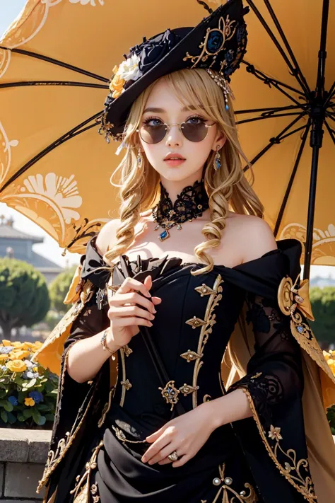 a close up of a woman in a black dress holding an umbrella