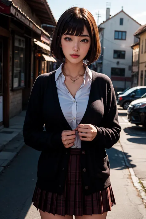 arafed asian woman in a skirt and a white shirt standing on a street