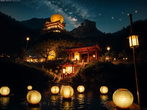 lanterns are lit up in front of a building on a hill