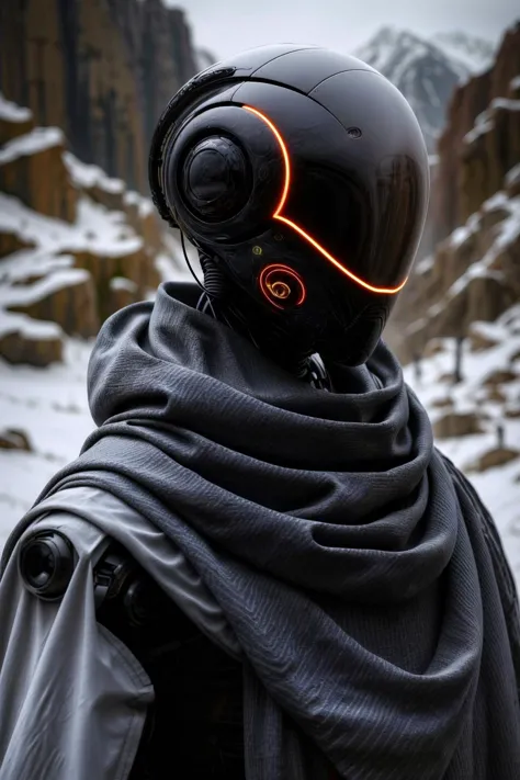 a close up of a person wearing a helmet and scarf