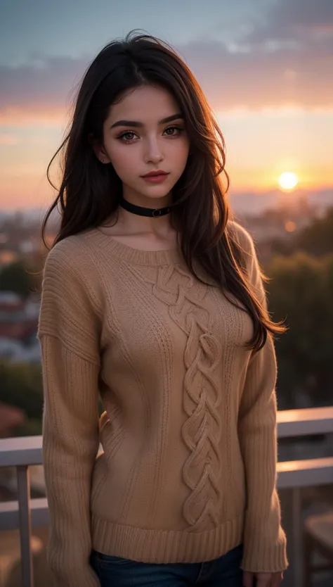 a woman standing on a balcony with a sunset in the background