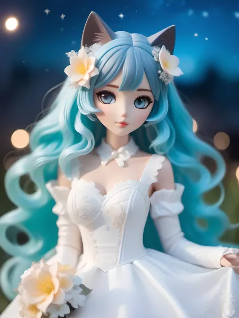 (pvc style:1.3). 1 KAWAII cat girl. white gothic dress, flower garden, starry sky, Light reflects on the skin. bouquet.
aqua blue hair hair, Long hair, dark brown eye, brown skin.
beautiful skin. extremely delicate and beautiful. ultra detailed. clear eyes, detailed eyes. bokeh.