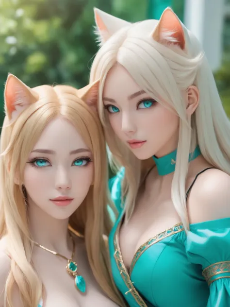 2 KAWAII cat girls. sexy clothes.
beautiful skin. oily skin. ultra detailed. clear eyes. best quality. anime realistic, 8k raw photo. sharp focus.
blond hair hair, 
Extra Long hair, 
turquoise eye, 
a kingdom where magic is forbidden.