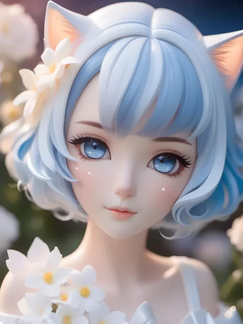 (pvc style:1.3). 1 KAWAII cat girl. white gothic dress, flower garden, starry sky, Light reflects on the skin. bouquet.
blue hair hair, Short hair, peach eye, caramel skin.
beautiful skin. extremely delicate and beautiful. ultra detailed. clear eyes, detailed eyes. bokeh.