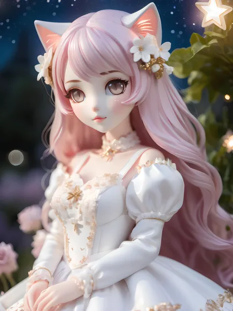 (estilo pvc:1.3). 1 menina gato KAWAII. vestido gótico branco, Jardim de flores, céu estrelado, A luz reflete na pele. ramalhete.
cabelo rosa, cabelo longo, Olho Dourado, pele marrom.
pele bonita. Extremamente delicado e lindo. ultra detalhado. Olhos limpos, olhos detalhados. Bokeh.