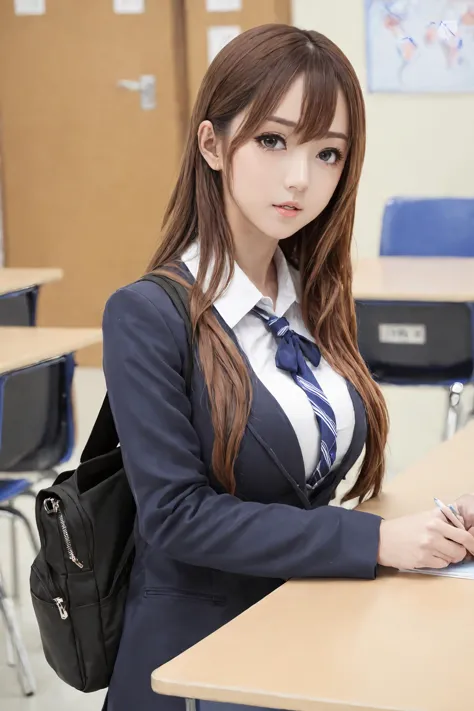 masterpiece, best quality, 1girl,  <lora:kwFemale_Beta40-SDXL_v1:1>, asian, waifu, cleavage, student,classroom,bag,table