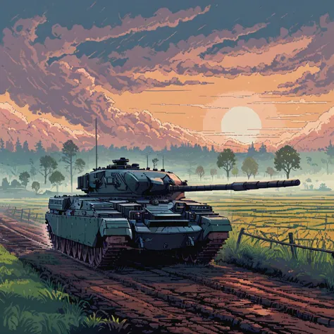 A chftntank tank rolling through a foggy English countryside at dawn, with dew-covered fields and a pale sunrise in the backgrou...