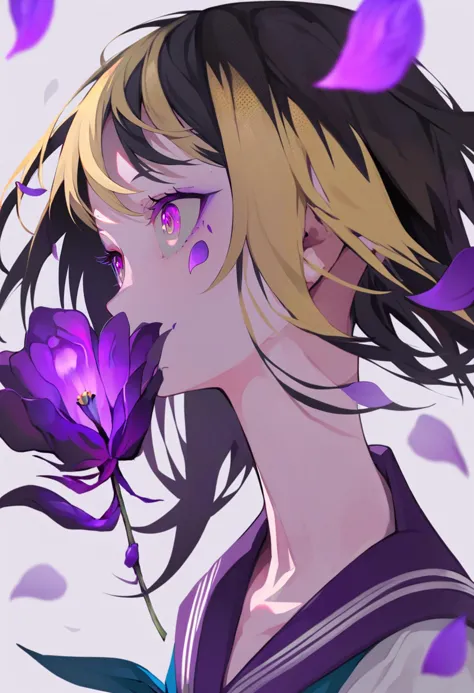 anime girl with purple flowers in her hair and eyes