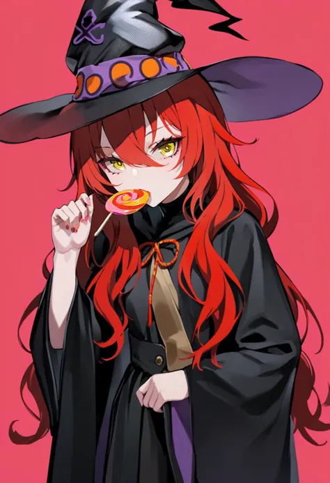 masterpiece, best quality, <lora:LAMXL_ANI31_lokr_V42310:0.95> 1girl, food, witch hat, solo, hat, red hair, candy, lollipop, lon...