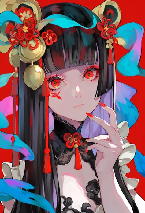 anime girl with long black hair and red eyes wearing a red and blue dress