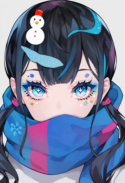 score_9, score_8_up, score_7_up, score_6_up, <lora:LAMXL_Js2_lokr_V4302:0.95> solo, 1girl, scarf, twintails, black hair, hair ornament, multicolored hair, blue scarf, looking at viewer, hairclip, blue eyes, streaked hair, white background, long hair, simple background, star \(symbol\), blue hair, portrait, covered mouth, low twintails, snowman, makeup, multicolored eyes, upper body